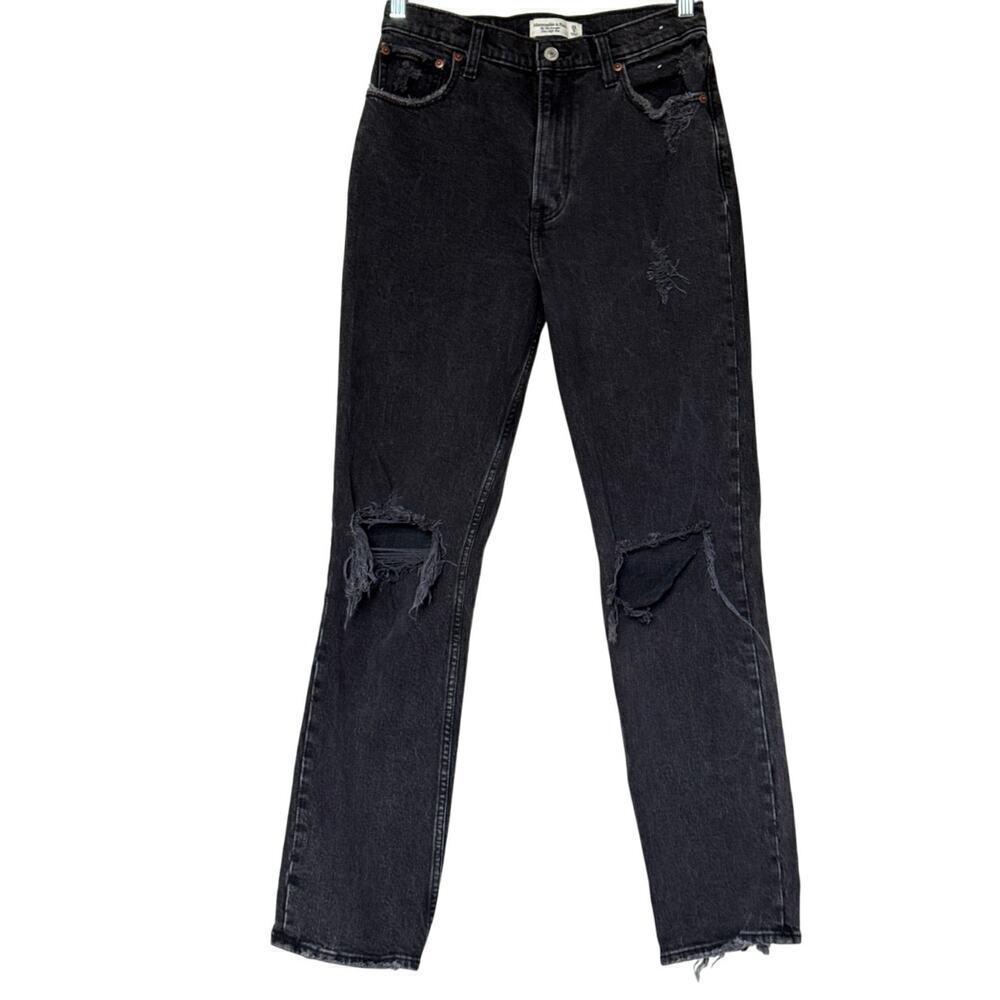 Abercrombie and Fitch Womens 90’s Straight Ultra High Rise Black Destroy Sz 28/6 - Picture 2 of 9